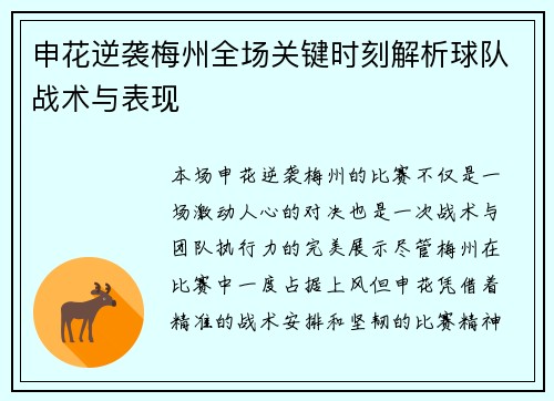 申花逆袭梅州全场关键时刻解析球队战术与表现